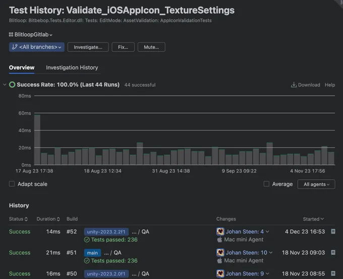 TeamCity test history